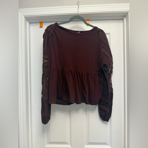 Free People Red Wine Embroidered Penny Tee Mesh Balloon Sleeve Top Size S - Picture 2 of 7